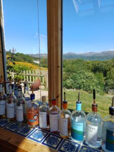 A row of gin, vodka and whisky bottles ready for tasting at Badachro Distillery